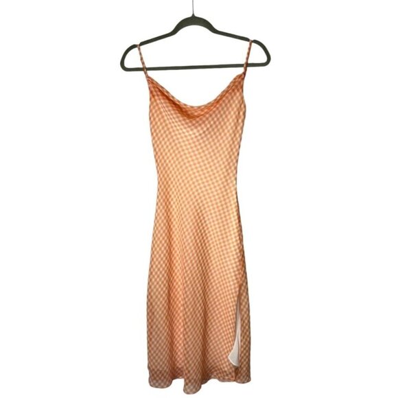 LPA Revolve Dress Women XXS Orange White Gingham Check Cowl Neck Front Slit Midi - Picture 2 of 12